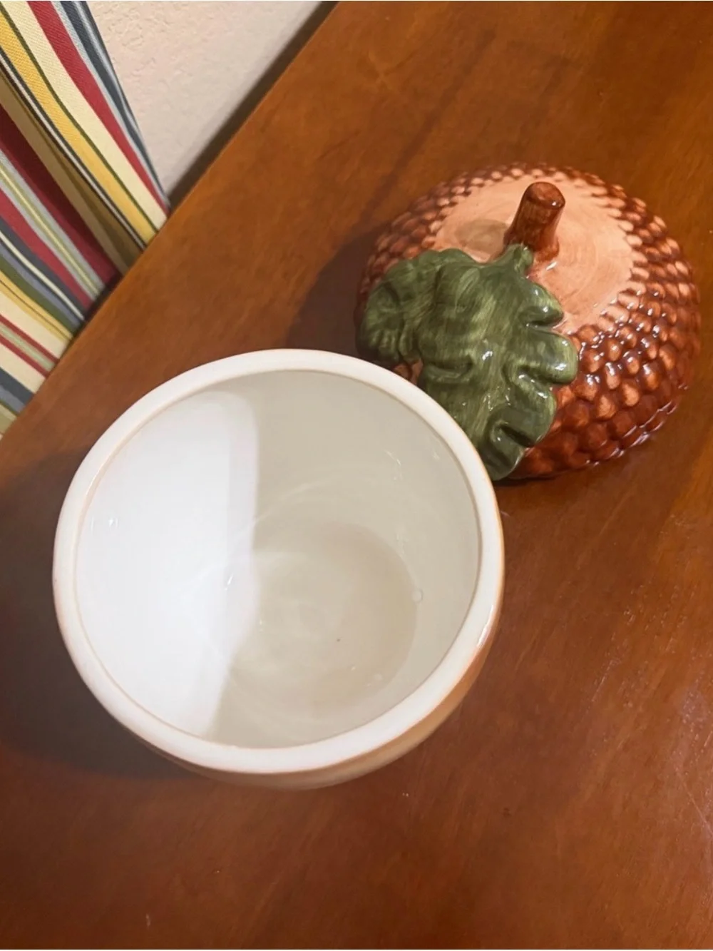 Vintage Ceramic Acorn Candy/Cookie Jar with Green Leaf Lid